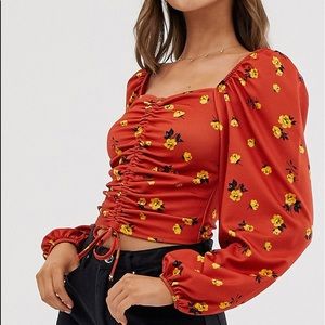ASOS DESIGN ruched front crop top with puff sleeve